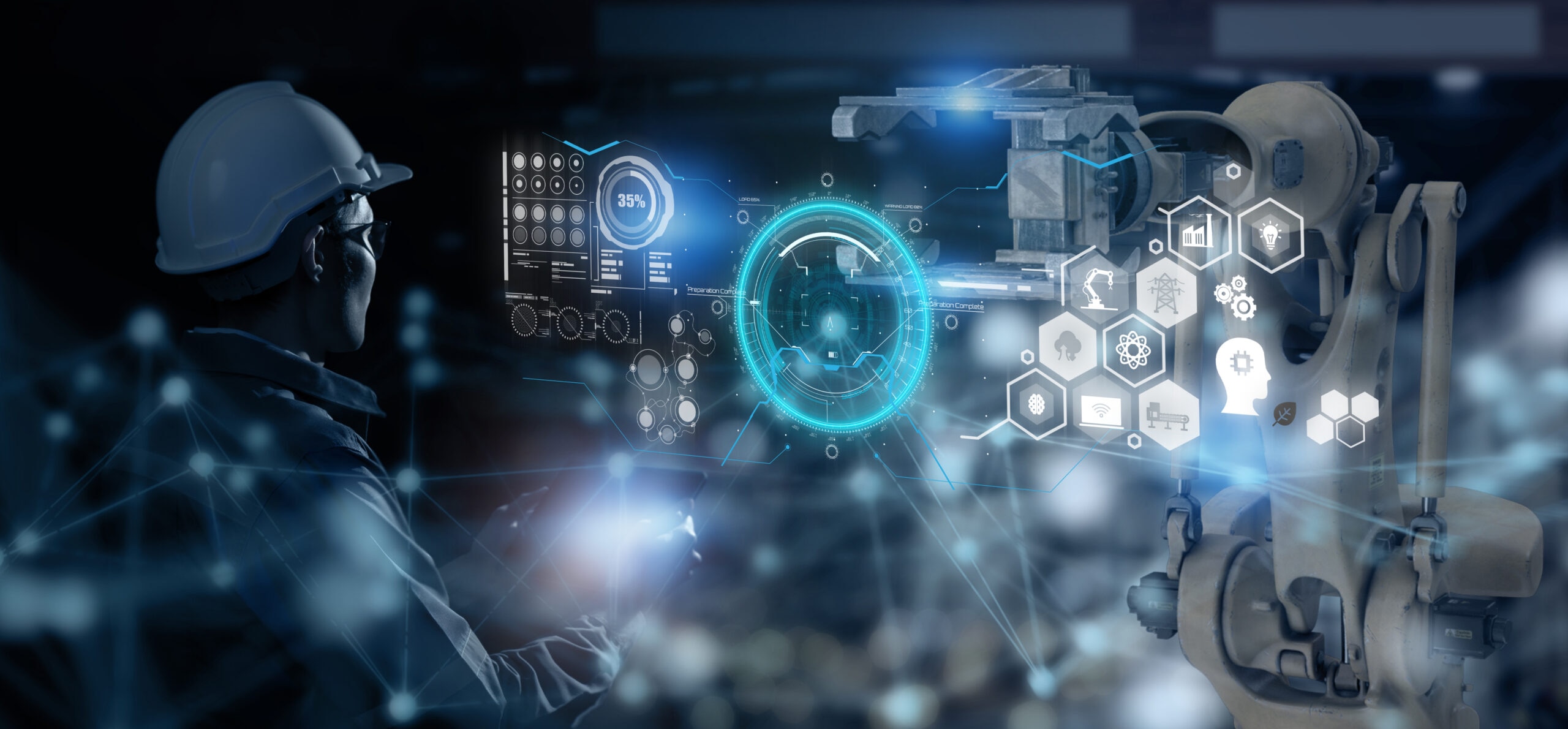 smart industry 4.0 futuristic technology concept, engineer use artificial intelligence combine augmented mixed virtual reality display, digital twin with 5g to control robot arm in smart factory